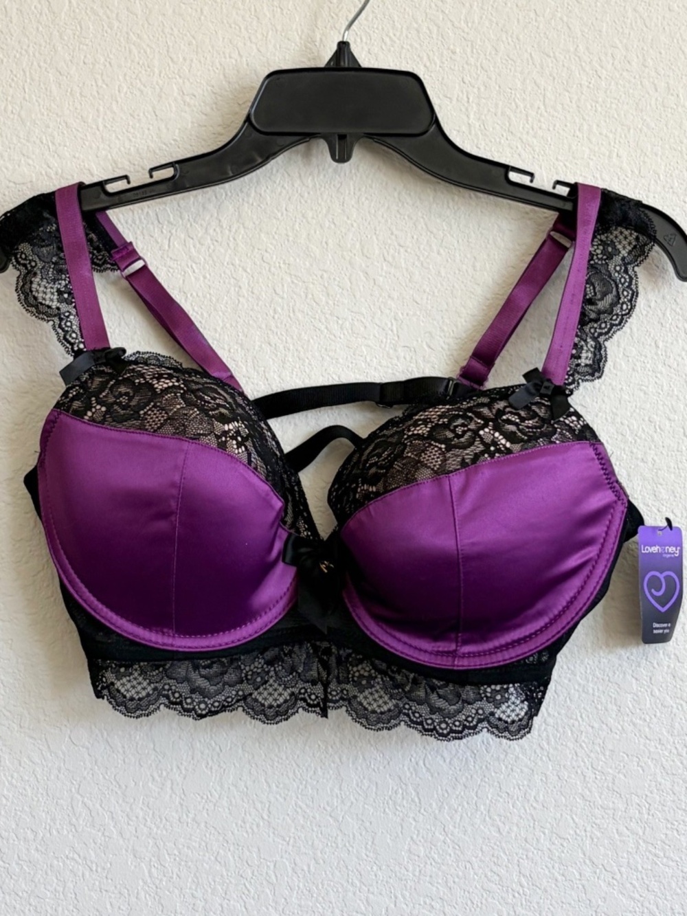 NWT Lovehoney Size 1X/2X Treasure Me Push Up Bra Purple Black Lace Underwire